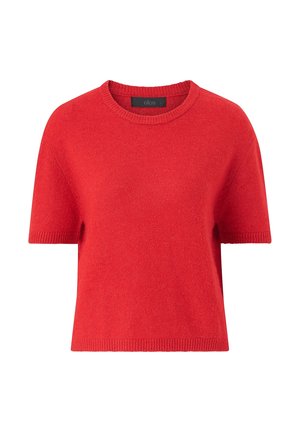 Red short-sleeve sweater made of a soft knit fabric. Features a round neckline and ribbed hemline and cuffs. Simple, unembellished design.