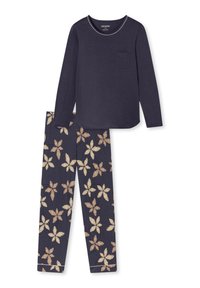 Navyblauw pyjamablouse met lange mouwen en een borstzak, gecombineerd met een broek met een patroon van lichte bloemen en een contrasterende zoom.