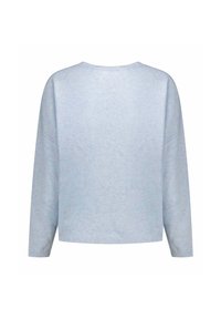 Pull en tricot bleu clair à manches longues, col rond et ourlet côtelé ; texture douce, coupe décontractée, sans motifs ni embellissements visibles.