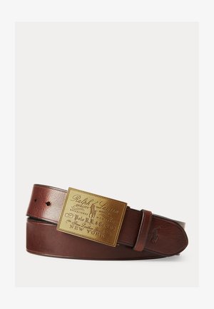 Brown leather belt with a large rectangular gold buckle engraved with Ralph Lauren Polo branding and embossed logo on the leather end.