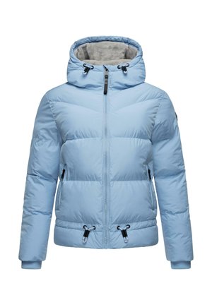 Lichtblauwe gewatteerde jas met een capuchon, voorzien van een voorrits, elastische manchet, verstelbare taillekoord en een zachte binnenvoering.