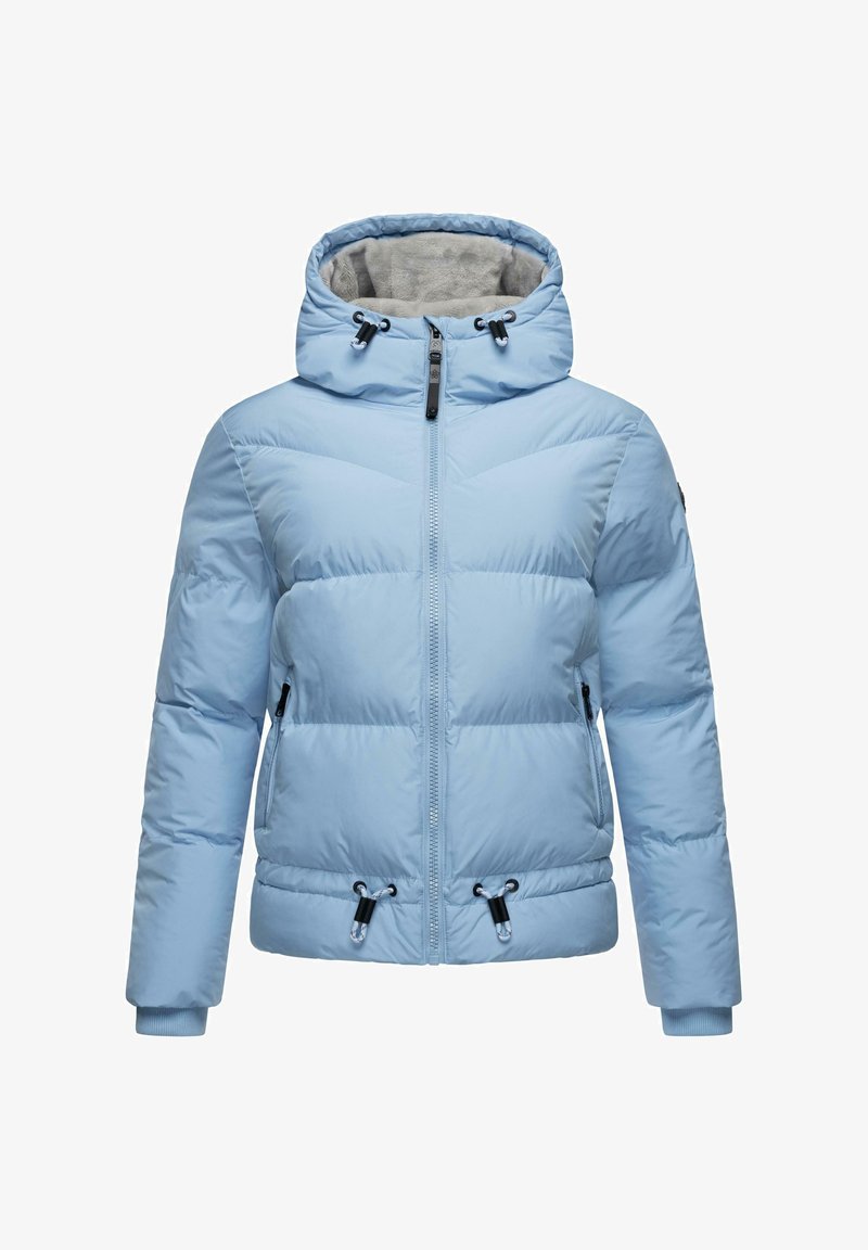 Šviesiai mėlyna pamušta striukė su kapišonu, su priekiniais užtrauktukais, elastingomis rankovėmis, reguliuojamu virvele liemeniu ir minkštu pamušalu.