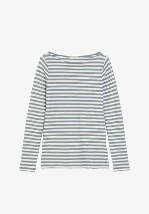 Długi rękaw z szerokim dekoltem, w niebiesko-białe poziome paski. Wykonany z miękkiej bawełny o gładkiej teksturze.