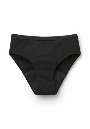 Slips di cotone neri con una texture liscia, caratterizzati da una fascia larga in vita e cuciture curve per il comfort. Nessun motivo o dettaglio presente.