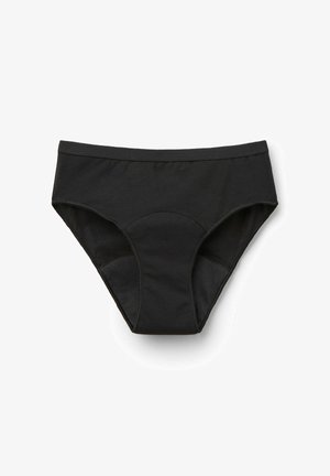 Slips di cotone neri con una texture liscia, caratterizzati da una fascia larga in vita e cuciture curve per il comfort. Nessun motivo o dettaglio presente.