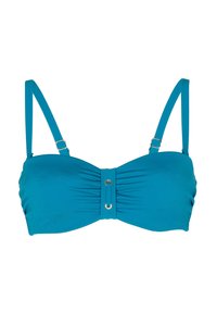 Top bikini turchese con spalline regolabili, design con scollo arricciato, dettagli metallici centrali e tessuto liscio e elastico.