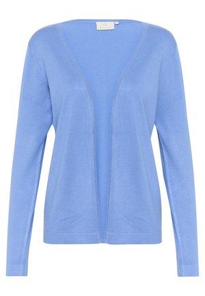 Light blue cardigan made of soft fabric, featuring a deep V-neck, long sleeves, and open front design. Minimal detailing and smooth texture.