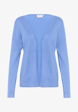 Svetlomodrý kardigán vyrobený z jemného materiálu, s hlbokým výstrihom do V, dlhými rukávmi a otvoreným predným strihom. Minimálne detaily a hladká textúra.