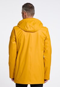 Yellow waterproof jacket with a hood, smooth texture, long sleeves, and snap-button details, shown from the back against a white background.