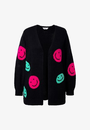 Black cardigan featuring large, colorful smiley face patterns in pink and light blue. Knit texture with open front and long sleeves.