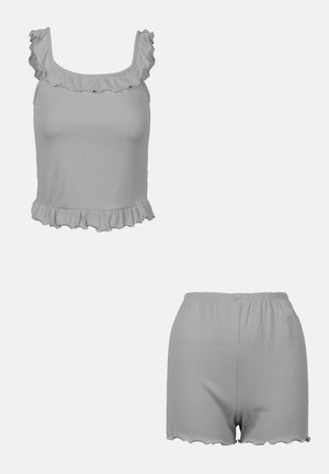 Set grigio a due pezzi con texture a coste, orlo arricciato sulla parte superiore e pantaloni corti con vita elastica e bordi scallop.