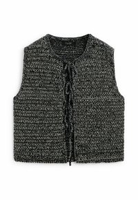 Szary, dziany bezrękawnik z teksturowanym wzorem, z okrągłym dekoltem i zapięciem na sznurki z przodu. Odkryte boki i brak rękawów dla warstwowego efektu.