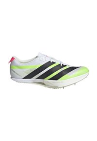 Chaussure de course légère en blanc et noir, avec des accents vert néon. Dotée d'un design élégant, d'une tige en mesh texturé et d'une semelle à pointes.