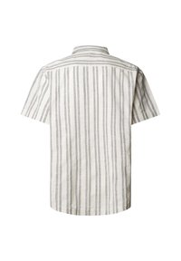 Īsroku, balta krekls ar vertikālām melnām un pelēkām svītrām, skatīts no muguras, ar klasisku apkakli un taisnu apakšu.