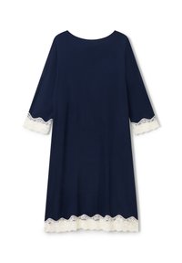 Abito blu navy con maniche a tre quarti, bordo in pizzo alle maniche e all'orlo, scollatura rotonda e una consistenza morbida e liscia.