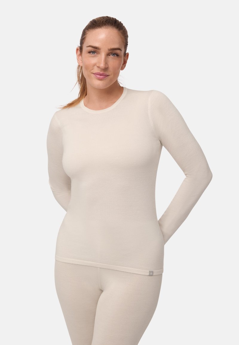 Světle béžové termo tričko s dlouhým rukávem, těsně přiléhající, vyrobené z měkkého, elastického materiálu s kulatým výstřihem a minimem švů.