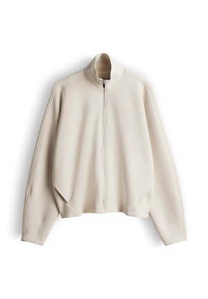 Veste zippée beige clair avec un col haut, des manches surdimensionnées et un tissu lisse et texturé. Dotée de poches latérales et de coutures minimales.