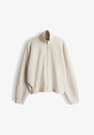 Light beige zip-up jacket with a high collar, oversized sleeves, and a smooth, textured fabric. Features side pockets and minimal stitching.