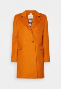 Abrigo de mezcla de lana naranja con solapa, cierre de botón único y dos bolsillos laterales. Textura suave y diseño de longitud media.