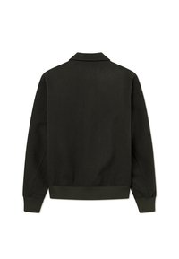 Giacca felpa verde scuro con colletto, polsini e vita a coste. Tessuto liscio, stile pullover, schiena semplice senza motivi o accenti.
