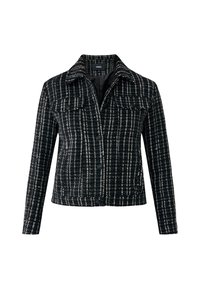 Giacca a quadri in bianco e nero con colletto, chiusura con bottoni e due tasche sul petto. Tessuto strutturato con una vestibilità rigida e maniche lunghe.