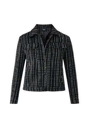 Czarna i biała kurtka w kratę z kołnierzykiem, zapinana na guziki, z dwoma kieszeniami na piersiach. Teksturowany materiał o dopasowanym kroju i długich rękawach.