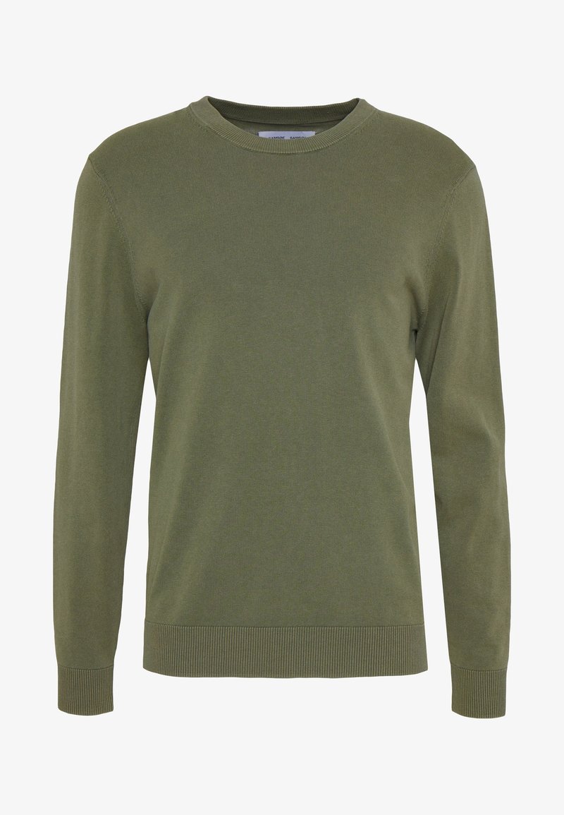 Pull en coton vert à manches longues, col et poignets côtelés, et texture lisse. Design simple et classique sans motifs ni ornements.