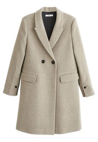 Manteau croisé en mélange de laine beige avec revers à cran, boutons noirs, poches latérales à rabat et manches longues.