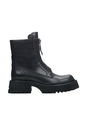 Black leather ankle boots featuring a chunky sole, side zipper, and smooth texture with a rounded toe and minimal stitching details.