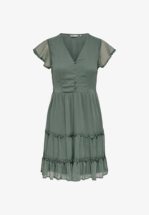 Green dress made of lightweight fabric with a V-neck, short flutter sleeves, front buttons, and a tiered ruffle hem.
