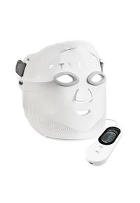 Witte LED-gezichtsmasker met openingen voor ogen, neus en mond en een aangesloten digitale afstandsbediening voor huidbehandeling.