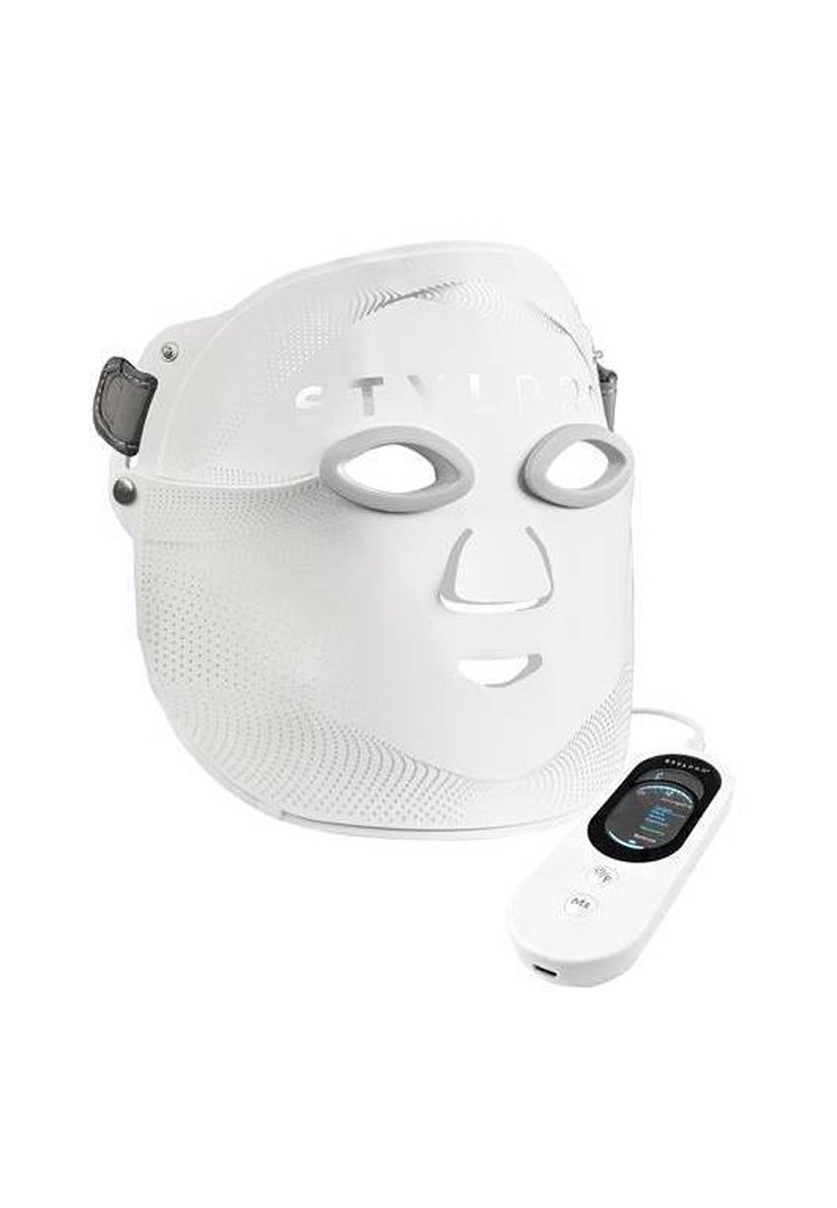Witte LED-gezichtsmasker met openingen voor ogen, neus en mond en een aangesloten digitale afstandsbediening voor huidbehandeling.