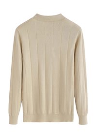 Pull beige en tricot à manches longues, texture côtelée et rayures verticales. Présente un col standard et un ourlet ajusté.