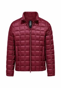 Giacca trapuntata color bordeaux con collo alto, zip frontale e trama imbottita. Presenta un materiale leggero e liscio con un design moderno.