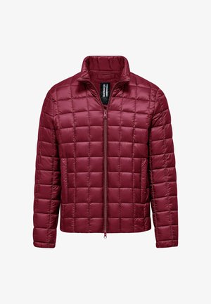 Burgundy quilted jacket with a stand-up collar, front zipper, and padded texture. Features a lightweight, smooth material with a modern design.