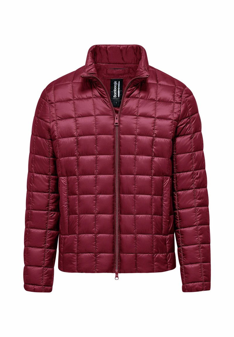 Giacca trapuntata color bordeaux con collo alto, zip frontale e trama imbottita. Presenta un materiale leggero e liscio con un design moderno.