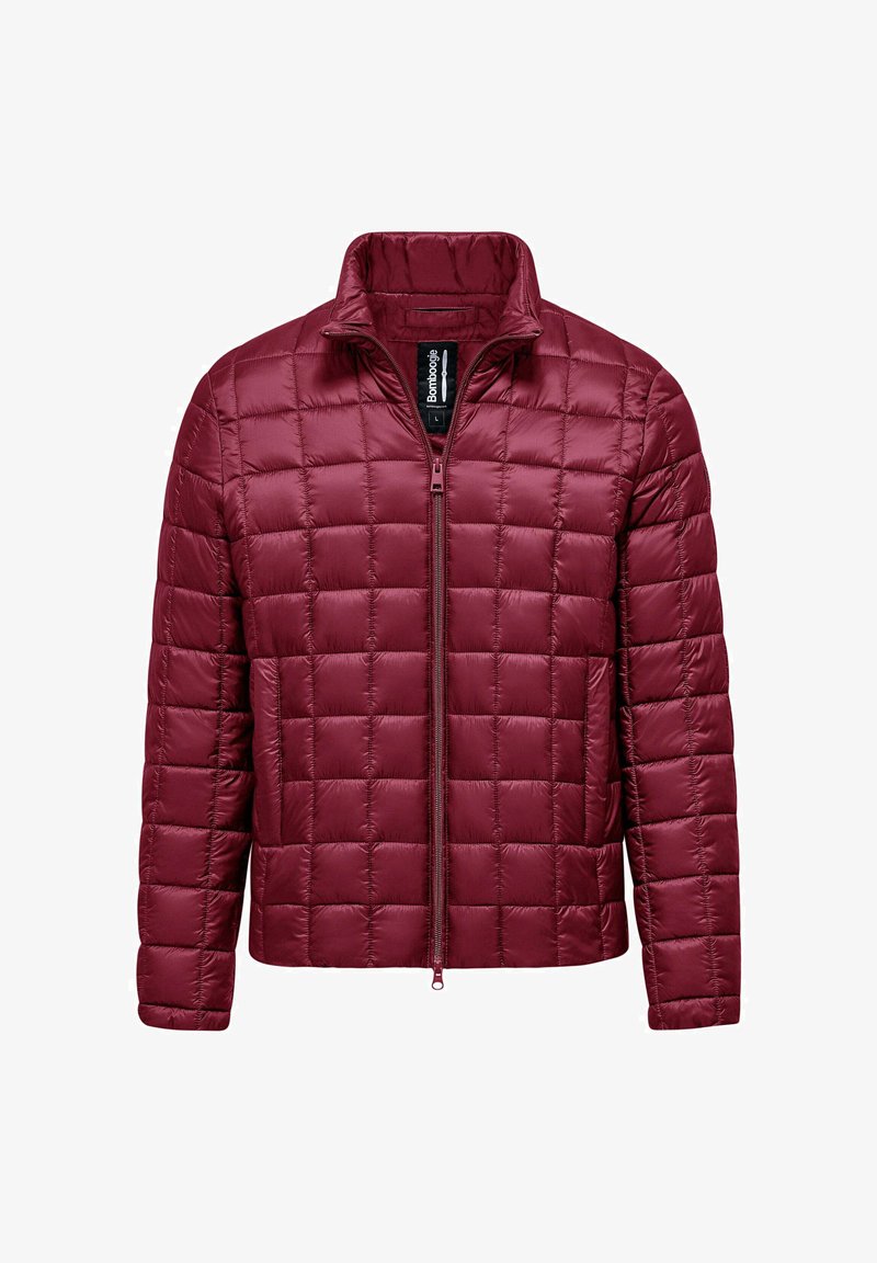 Giacca trapuntata color bordeaux con collo alto, zip frontale e trama imbottita. Presenta un materiale leggero e liscio con un design moderno.