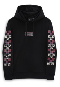 Felpa nera con cappuccio e logo centrale. Le maniche presentano un motivo a quadri e stampa animale. Tessuto morbido e tasca a marsupio frontale.