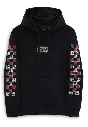 Black hooded sweatshirt with a central logo. Sleeves feature a plaid and animal print pattern. Soft material and a front kangaroo pocket.