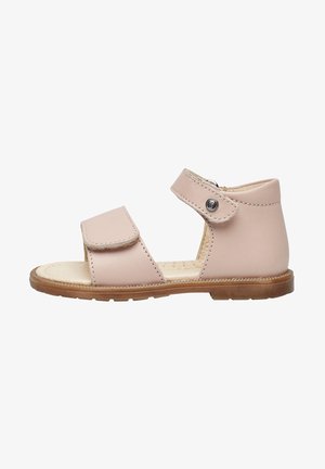 Light pink leather sandal with two adjustable Velcro straps and a rounded toe. The sole is brown with a textured grip pattern.