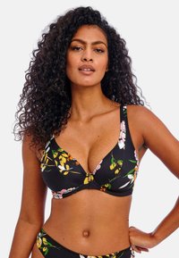 Black floral bikini top with multicolored flower patterns, V-neck design, adjustable straps, and a central clasp detail.