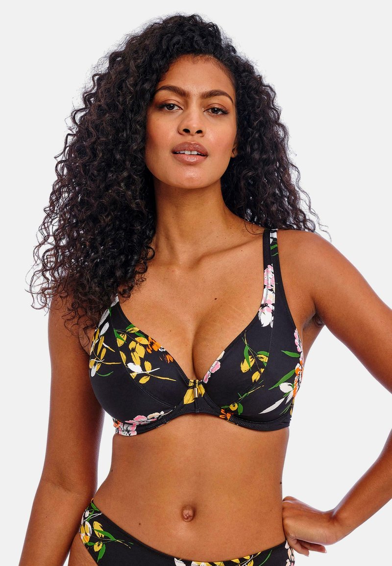 Black floral bikini top with multicolored flower patterns, V-neck design, adjustable straps, and a central clasp detail.
