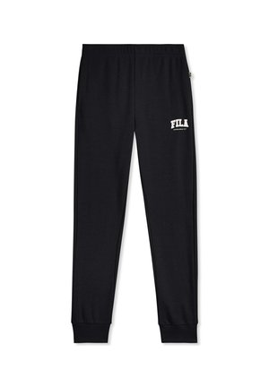 Zwarte FILA joggingbroek met elastische tailleband en broekspijpen, voorzien van een wit FILA-logo op de bovenkant van de linker dij.