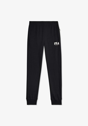 Czarne spodnie dresowe FILA z elastyczną talią i mankietami, z białym logo FILA na górnej lewej części uda.