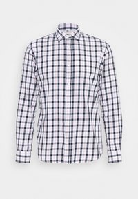 Camicia a maniche lunghe da uomo in bianco, blu navy e motivo a quadretti rossi. Presenta un colletto button-down e una chiusura frontale tradizionale con bottoni. Tessuto in cotone.