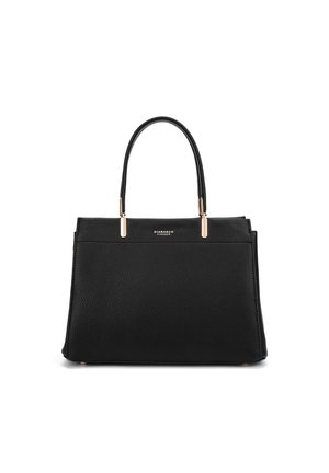 Sac à main en cuir noir avec une forme structurée, deux poignées supérieures et des accents en métal doré. Surface texturée et branding minimal.