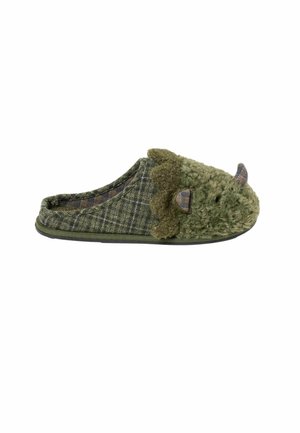 Green slip-on slipper with checkered fabric, plush dinosaur face, small horn, and decorative spikes along the top.