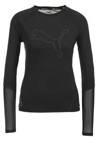 Maglietta atletica nera a maniche lunghe con una texture liscia, dotata di un sottile logo riflettente Puma, accenti in rete e cuciture ergonomiche.