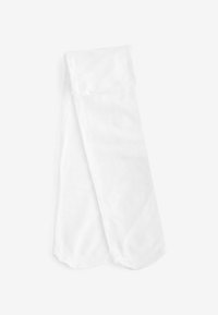 Weiße kniehohe Socken aus weichem, glattem Stoff mit einem umgeschlagenen Bündchen oben und nahtlosem Design. Keine sichtbaren Muster oder Akzente.
