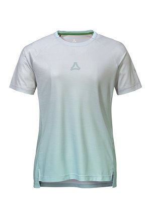 Lightweight, breathable short-sleeve athletic shirt in a gradient blue-green mesh fabric with a subtle logo on the chest and side slits.
